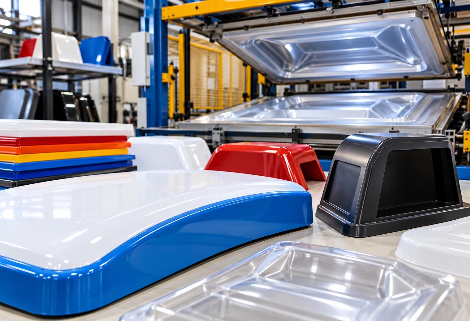 Custom vacuum-formed plastic signage and commercial display components in various shapes and colors at a plastics manufacturing facility.