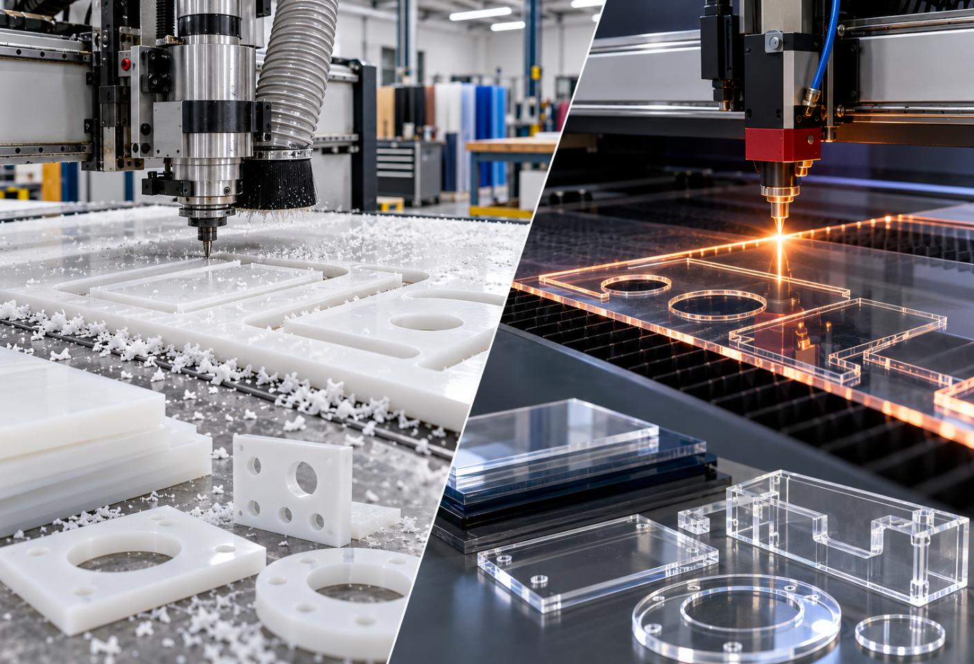 Side-by-side comparison of CNC routing and laser cutting machines precisely cutting plastic sheets into custom components in a professional fabrication workshop.